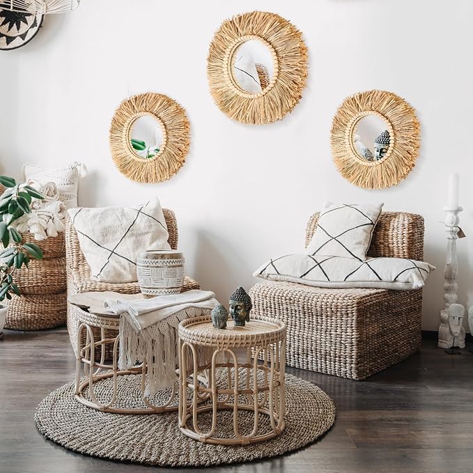 3 Pcs Boho Raffia Mirror Wall Hanging Decor 15.8 Inch 11.8 Inch Rustic Round Boho Circle Mirrors with Wood Bead Farmhouse Aesthetic Nursery Mirrors for Bedroom Living Room Bathroom Wall Decor