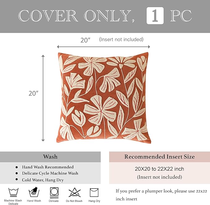 BlissBlush 20x20 Throw Pillow Cover, Brick Red Square Decorative Cushion Cover for Couch Sofa, Floral Tufted Embroidered Velvet Farmhouse Accent Pillowcase (Cover Only)