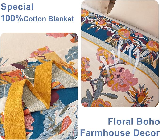 Boho Throw Blanket - 100% Cotton Soft Throw Blanket for Bed, 60"x80" Reversible Breathable Lightweight Spring Blankets, All Seasons Farmhouse Decor Floral Plant Butterfly Throw Quilt