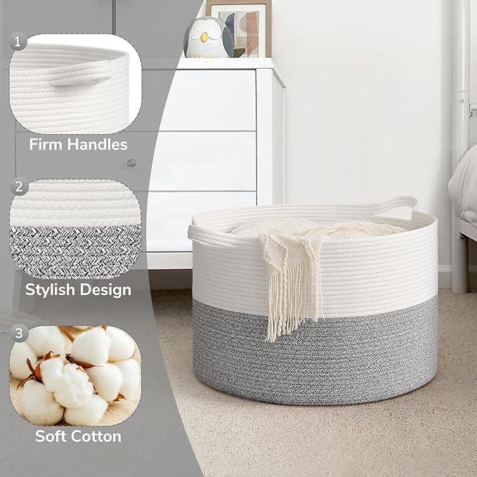 Goodpick Large Storage Basket 19.7'' x 12.6'', Basket for Blankets Living Room, Toy Storage Organizer for Clothes, Toys, 65L Grey