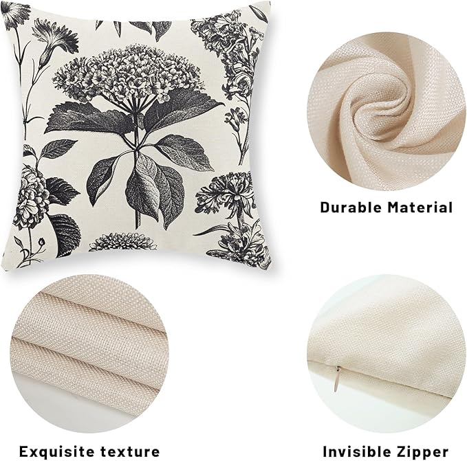 Black Pillow Covers 18x18 Set of 2 Vintage Boho Floral Hydrangea Herbs Botanical Throw Pillow Cover Outdoor Flower Decoration Pillowcase Linen Farmhouse Cushion Case Decorative for Couch Sofa