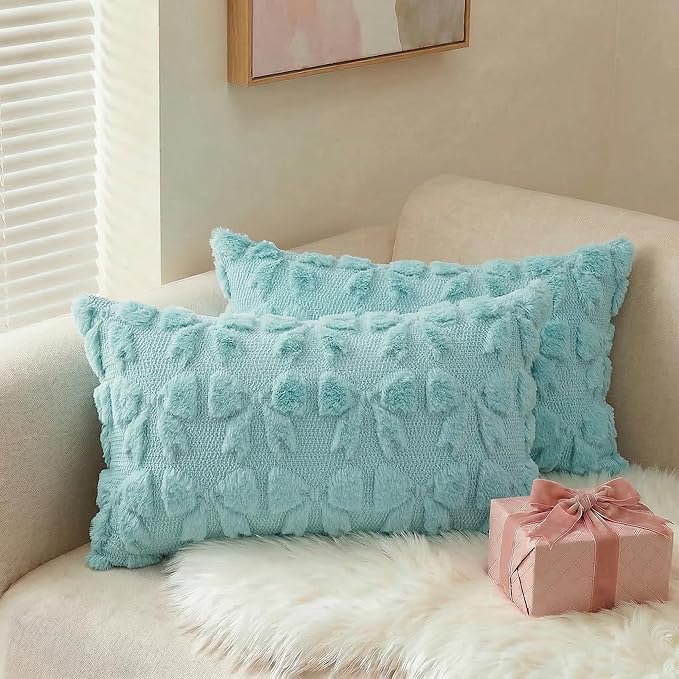 AVOIN colorlife Blue Spring Bow Throw Pillow Covers Set of 2, 12 x 20 Inch Coquette Aesthetic Room Decor Soft Plush Faux Fur Cushion Case for Girls Room