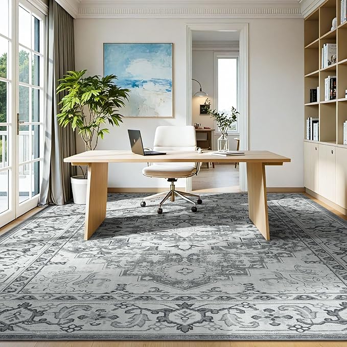 Lessymo Area Rugs 9x12 Living Room- Large Area Rug Machine Washable Area Rug for Bedroom Living Room, Vintage Rugs Boho Floral Medallion, Non-Slip Rubber, Low Pile, Kid & Pet Friendly, Grey White