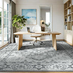 Lessymo Area Rugs 9x12 Living Room- Large Area Rug Machine Washable Area Rug for Bedroom Living Room, Vintage Rugs Boho Floral Medallion, Non-Slip Rubber, Low Pile, Kid & Pet Friendly, Grey White
