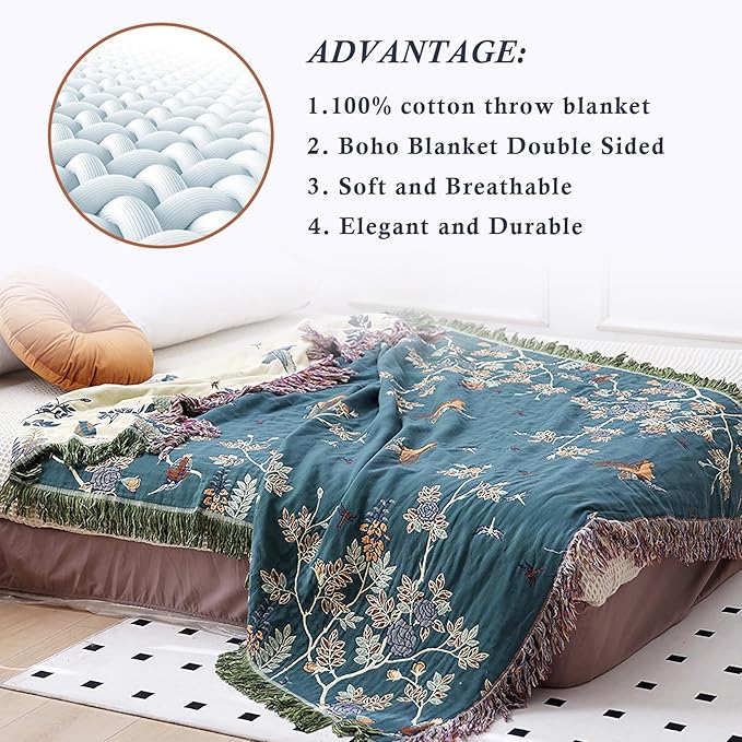 Snycler Boho Throw Blanket for Bed - 100% Cotton Ultra Soft Rustic Quilt Blanket Green Floral Bird Printed Farmhouse Decor Bed Blankets, 60"×80" All Season Rustic Throw for Sofa Chair Couch