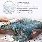 Snycler Boho Throw Blanket for Bed - 100% Cotton Ultra Soft Rustic Quilt Blanket Green Floral Bird Printed Farmhouse Decor Bed Blankets, 80"×90" All Season Rustic Throw for Sofa Chair Couch