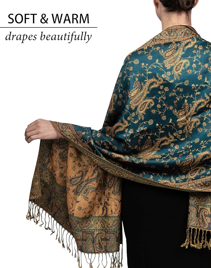 Achillea Reversible Paisley Pashmina Rave Scarf – Exotic Indian Shawls and Wraps for Evening Dresses, Festivals, All Seasons