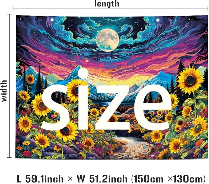 Dermijer Blacklight Moon Sunflower Tapestry Starry Night Mountian UV Reactive Wall Hanging Tapestries Galaxy Space Nature Landscape Tapestry for Home Decor 59.1L x 51.2W