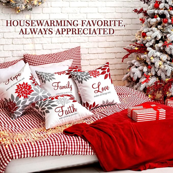 Tatuo 4 Pcs Flower Pillow Covers Square Spring Pillow Cushion Cases 18 x 18 Inch Family Faith Hope Love Words Decorative Summer Winter Cushion Case for Bed Couch Sofa Living Room(Red Series)