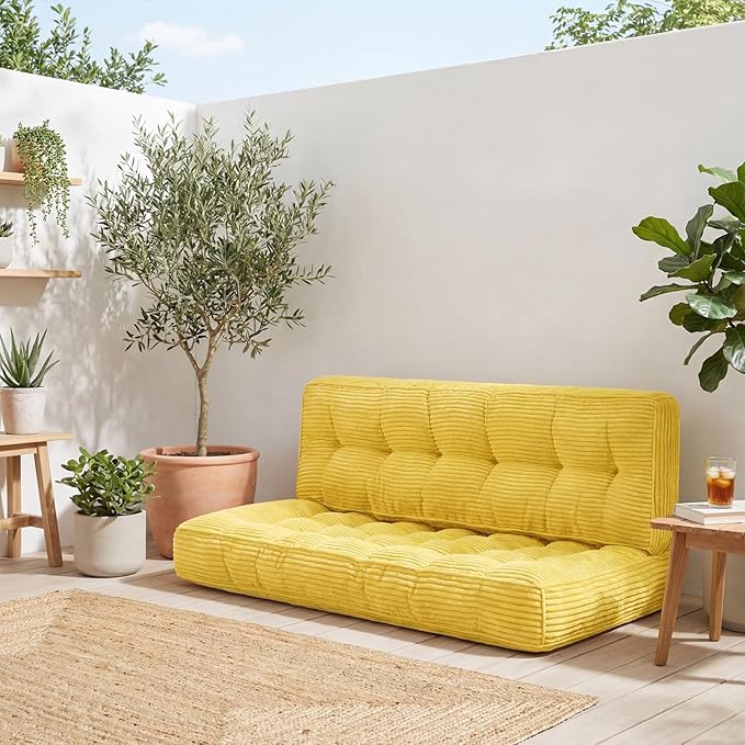 63 Inch Folding Bench Cushion, 4 Inch Thick 2-in-1 Convertible Long Floor Lounger Boneless Cushions Couch Mattress Upholstered for Yoga, Reading, Sleeping, Meditation Living Room(Yellow)