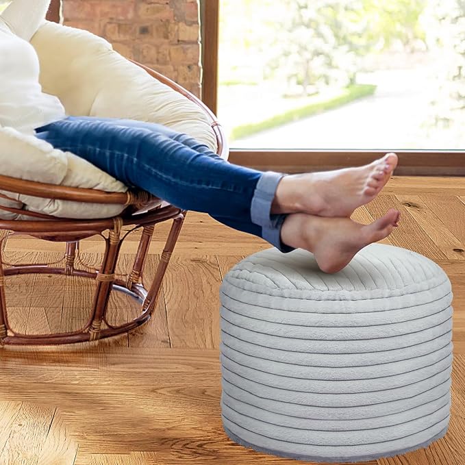 Round Stuffed Pouf Ottoman Foot Rest for Couch Round Ottoman with Foam Chunk Filling Stripe Faux Fur Ottomans for Living Room Floor (26"x18",Light Grey)