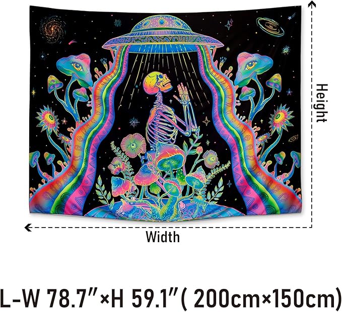Galoker Blacklight Skeleton Tapestry Neon Mushroom Floral Tapestries UV Reactive Alien UFO Tapestry Galaxy Space Tapestries Wall Hanging for Home Decor(H59.1×W78.7 inches)