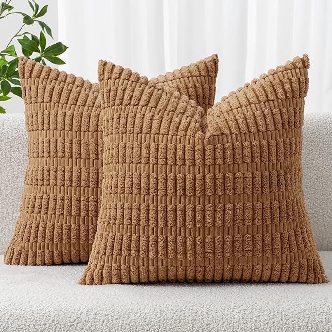 MIULEE Pack of 2 Corduroy Decorative Euro Sham Throw Pillow Covers 24x24 Inch Soft Boho Striped Pillow Covers Modern Farmhouse Home Decor for Sofa Living Room Couch Bed Brown