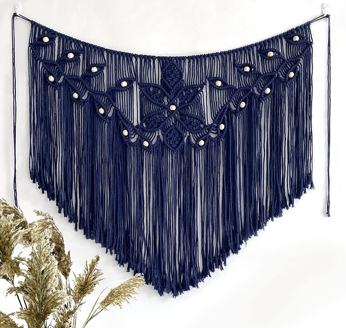 Youngeast Home Decor Leaf Shape Macrame Wall Hanging Woven Tapestry Bedroom Curtain Fringe Garland Banner Living Room Wall Decor Navy 39X31 inches