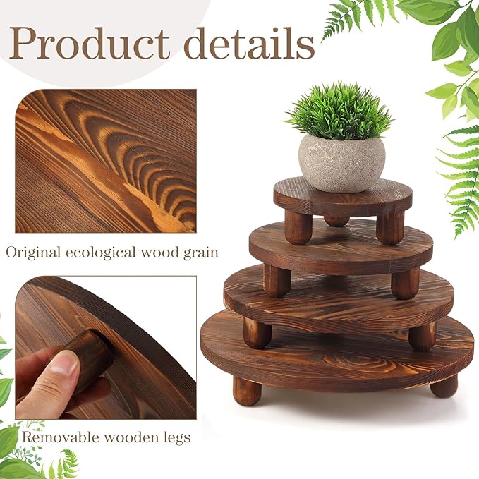 Sintuff 4 Pack Mini Wooden Plant Stool Display Wood Cake Stand 12/10/8/6 Inch Round Plant Risers Holder for Flower Pot Wooden Stool Indoor Outdoor Wood Stand(Dark Brown)