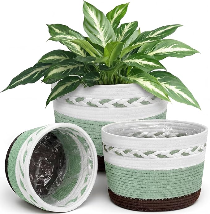 Remerry 3 Pcs 7" 9" 13" Cotton Rope Plant Baskets Indoor with Plastic Liner 3 Colorful Straw Woven Plant Basket Indoor Green Round Wicker Basket for Living Room Floor Potted Pots Decor