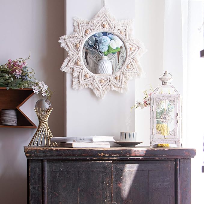 Boho Wall Decor Mirror Macrame Circle Hanging Mirror for Bedroom Living Room Apartment Entryway Home Decor