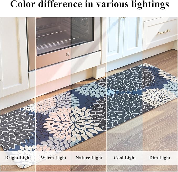 KIMODE Anti Fatigue Kitchen Mats for Floor, Boho Dahlia Floral Kitchen Rugs 24" x 59", Cushioned Mats for Kitchen Floor, Non Slip Kitchen Floor Mats, Sink, Laundry, Office,Blue Multi