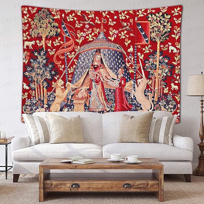 FEASRT European Medieval Royal Tapestry Maiden and Unicorn Tapestry Lady Tapestry, 60x40 Inches Soft Flannelette, for Medieval Art Collection of Decorative Wall Tapestry