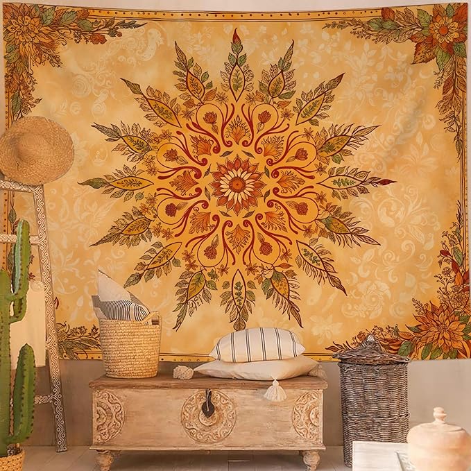 Accnicc Boho Mandala Floral Tapestry Vintage Bohemian Indian Tapestries for Bedroom Aesthetic Retro Orange Yellow Flower Large Tapestry Wall Hanging for Dorm Living Room Decor 80 x 60 Inch