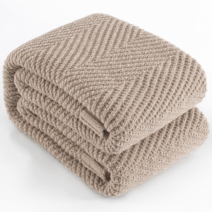 Knitted Throw Blanket 60"X80", Taupe Knit Throws for Bed, Super Soft Boho Chevron Blankets for Couch Sofa Chair Room Decor, Textured Decorative Farmhouse Cozy Lightweight