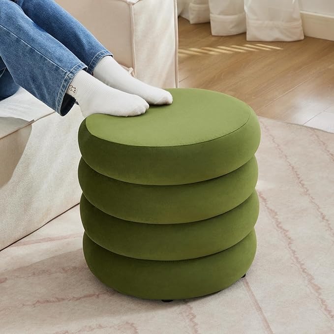 Compact Round Ottoman, Plush Velvet Upholstery Storage Ottoman, Modern Tufted Circle Design with Removable Lid for Lounge, Dorm and Entryway,Olive Green