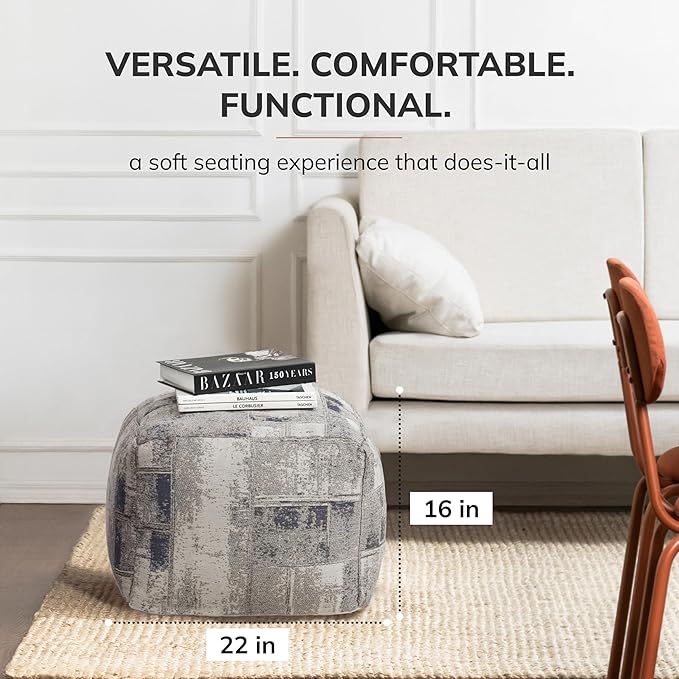 Anji Mountain Pouf Ottoman Foot Rest, Handmade Ottoman Pouf, Comfortable Foot Stool, Decorative Floor Seating for Living Room Decor, Bedroom & Home Décor Accent - Slate Filigree