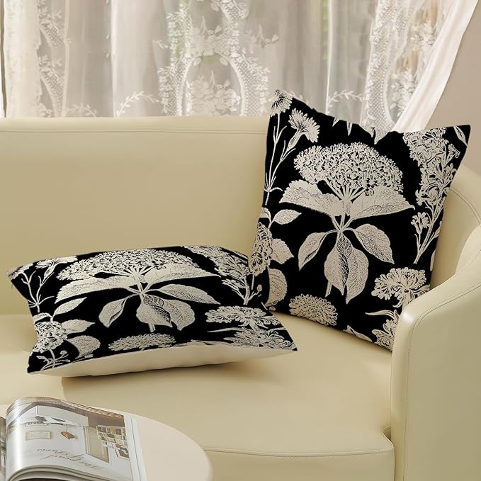 Black Pillow Covers 16x16 Inch Set of 2 Vintage Boho Floral Hydrangea Herbs Botanical Throw Pillows Outdoor Flower Decoration Pillowcase Linen Farmhouse Cushion Case Decorative for Couch Sofa