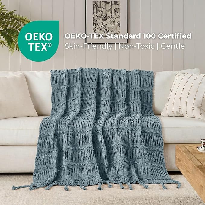 Boho Knitted Chenille Blanket with Tassels - Lightweight & Soft All-Season Throw - 3D Classic Pattern for Living Room Bedroom Couch, Celestial Blue, King 90"x108"