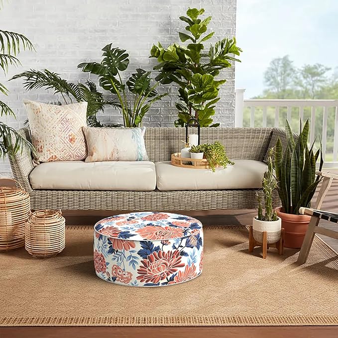 Indoor/Outdoor Inflatable Ottoman with Handle, Decorative Fade-Resistant Round Footstool D21 x H9 inch, Portable Ottoman Pouf for Patio Garden Camping, Red Chrysanthemum