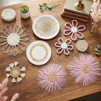 Chunful 9 Pcs Boho Nursery Wall Decor Daisy Flower Woven Macrame Seagrass Rattan Basket Wall Hanging Bohemian Decorations Gifts for Home Dorm Art Farmhouse Bedrooms Living Room(White Pink)