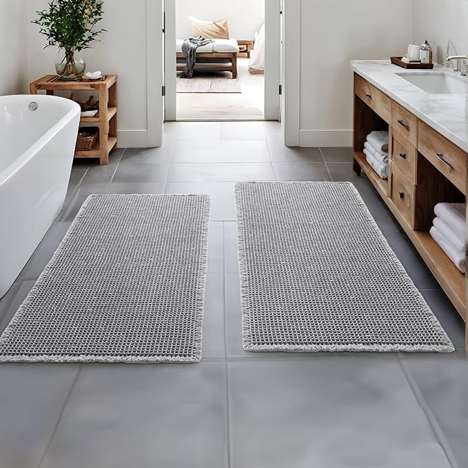 MIULEE Set of 2 Waffle Bathroom Runner Rugs, Boho Bath Rugs Non Slip Washable, Super Absorbent Bath Mats, Rubber Backed Shower Mats for Hallway Bedroom Laundry Room, Light Grey, 2'x4'(24x48 Inch)