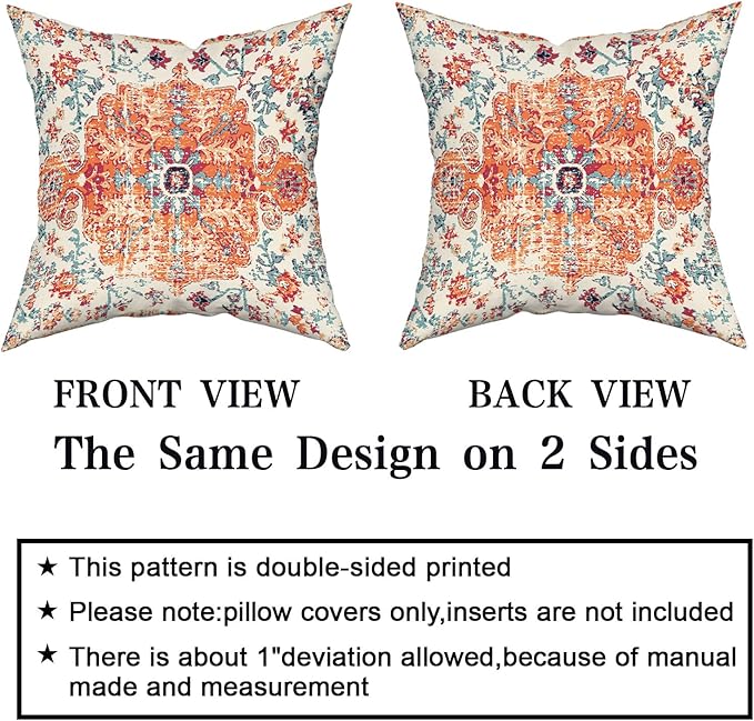 Orange Blue Ethnic Boho Throw Pillow Covers 18x18 Inch Decorative Bohemian Carpet Vintage Rust Coral Floral Pillow Cases Rustic Rug Cushion Covers Farmhouse Home Decor For Sofa Couch Outdoor Set of 2