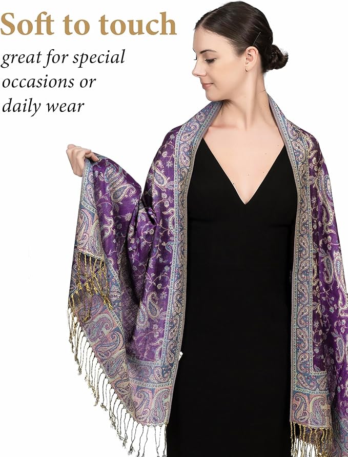 Achillea Reversible Paisley Pashmina Rave Scarf – Exotic Indian Shawls and Wraps for Evening Dresses, Festivals, All Seasons