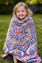 Boho Floral Fleece Throw Blanket: Mandala Bohemian Botanical Paisley Damask Velvety Soft, Bright Purple Pink Yellow White Durable Plush Accent for Bed or Couch, 50" x 70"