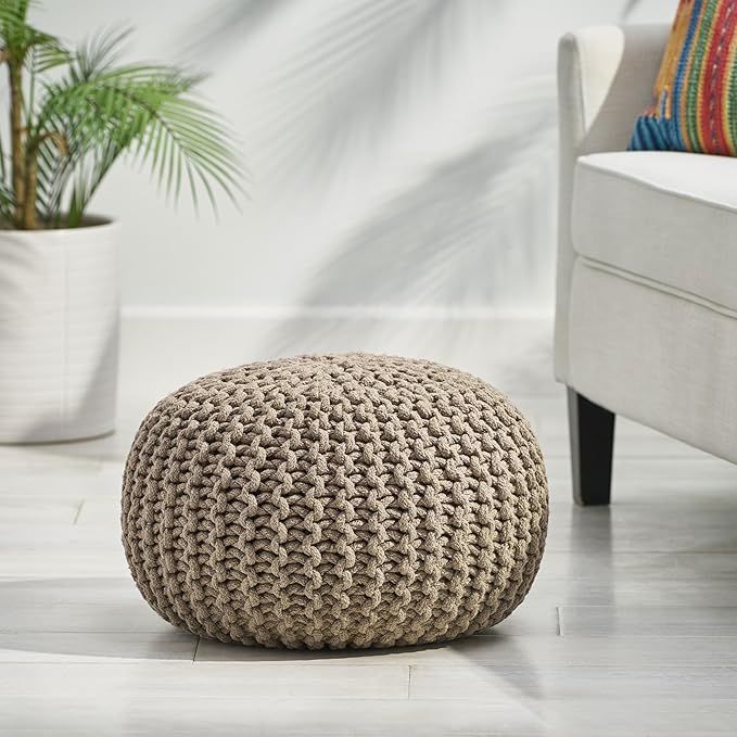 Moro Knitted Cotton 20 x 20 Round Pouf,Furniture,Primary Living Space,Bean Bag Chairs & Lazy Sofa Chair,Brown