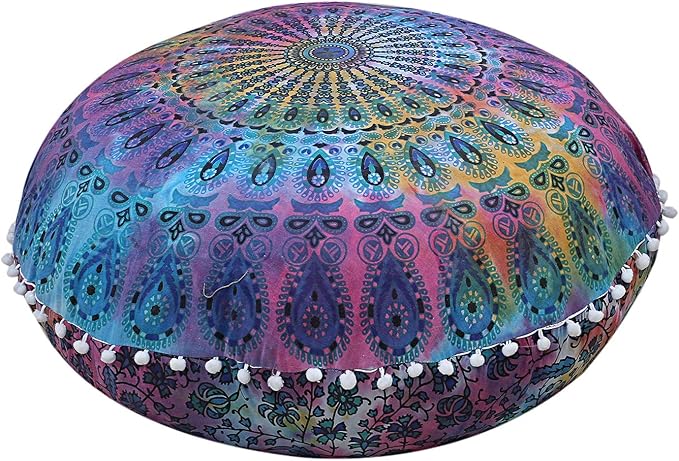 Mandala Floor Pillow Cushion Seating Throw Cover Hippie Decorative Bohemian Ottoman Poufs, Pom Pom Pillow Cases,Boho Indian (32 Inches, Multi Tie Dya)