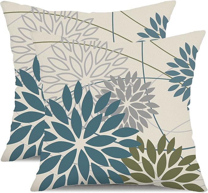 DFXSZ Blue Army Green Outdoor Pillow Covers Set of 2 20X20 Inch Teal Floral Elegant Polyester Flower Pillow Case Outdoor Waterproof Decor for Patio Funiture Garden Linen Cushion Covers 01C20
