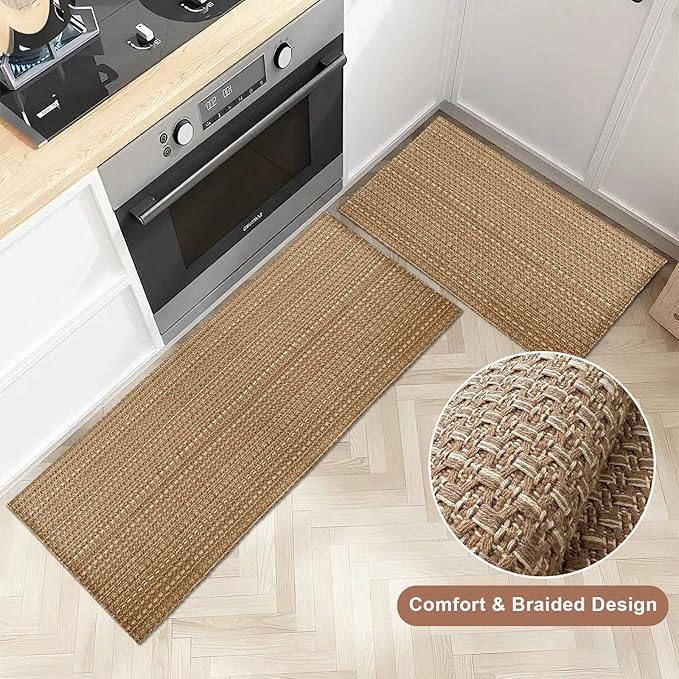 Kitchen Rugs,Kitchen Mats for Floor,Non Slip Washable 20"x 30"+20"x 48" Neutral Braided Rug,Faux Jute Rug with Non Slip Backing for Kitchen,Solid,Easy Clean,Area Rugs Sets of 2Pcs,Tan Brown
