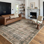 Brown 5x7 Area Rugs for Living Room Bedroom, Large Washable Rug, Vintage Retro Boho Rug, Non Slip & Low Pile Faux Wool Thin Carpet for Indoor Dining Room and Kids Room(Charcoal/Olive 5x7ft)