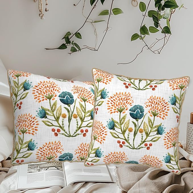 KSLIDS Floral Leaf Soft Velvet Throw Pillow Covers Set of 2 Orange Flowers Sage Green Leaves Decorative Pillow Covers 16x16 Inch Farmhouse Pillow Case for Sofa Couch Living Room Home Decor