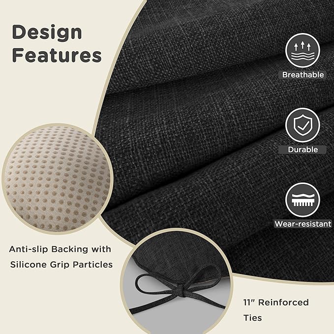 AddGrace Chair Cushions for Dining Chairs Set of 2 Kitchen Seat Cushions with Ties and Non Slip Backing Tufted Indoor Seat Pad for Kitchen Dining Room 18" x 17" x 3" Black