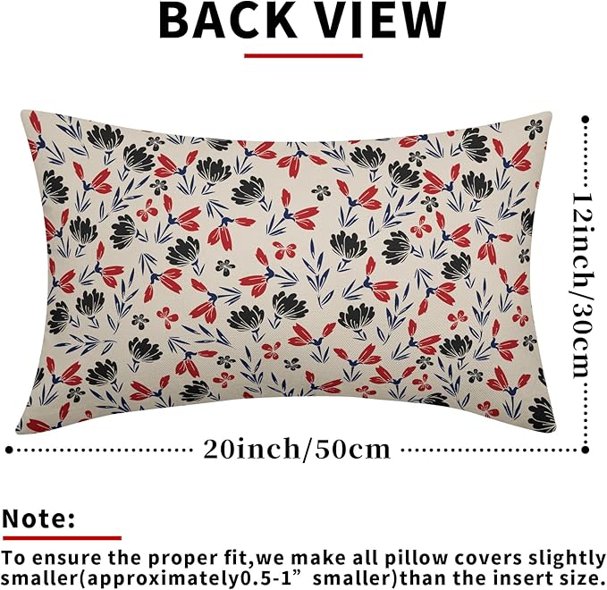 4th of July Floral Pillow Covers 12x20 Set of 2 Rustic Old Style Navy Blue Red Black Flower Print Rectangle Decorative Outdoor Pillowcases Patriotic Throw Cushion Case Decor for Couch Sofa Bed