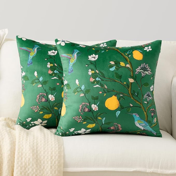 MUSSEL Dark Green Velvet Throw Pillow Covers 20x20 Pack of 2, Vintage Floral Pillow Covers, Mid Century Flower Plant Cushion Covers for Sofa Living Room Home Decor