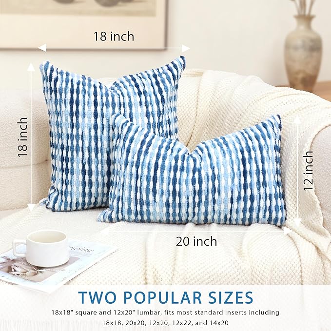 Boho Decorative Throw Pillow Covers 12x20 Inch, Chenille Tufted Pillow Cover Striped Textured Lumbar Farmhouse Accent Pillowcase for Couch Sofa Bedroom Living Room, Blue White Stripe, 1 Pack