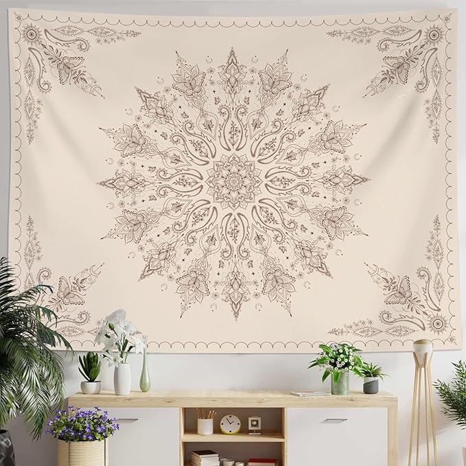 Accnicc Boho Floral Mandala Tapestry for Bedroom Bohemian Butterfly Flower Tapestry Aesthetic Wall Art Large Beige Hippie Indian Tapestries Wall Hanging for Living Room Dorm Decor 80 x 60 Inch