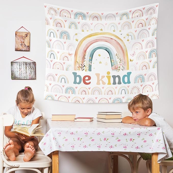 WARDOS Boho Rainbow Classroom Tapestry, Be Kind Motivational Tapestry Wall Hanging, Boho Pastel Rainbow Wall Blanket Decor for Classroom Kids Room Nursery Playroom, 50x60 Inch