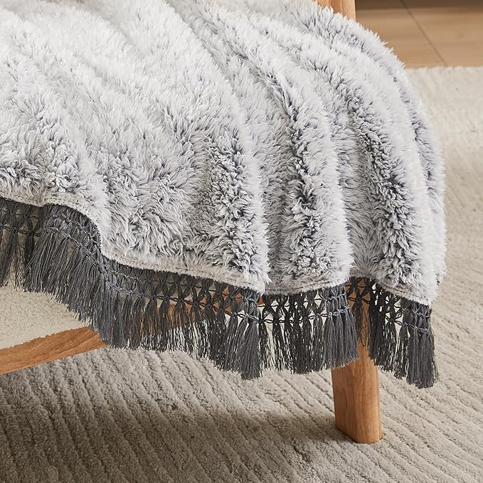 EMME Soft Sherpa Fleece Blanket with Tassel, Reversible Plush Fluffy Large Blanket, Light Weight Warm Decorative Boho Blanket Cover for Sofa, Couch, Bedroom,Travel(Tassel Grey,60"x80")