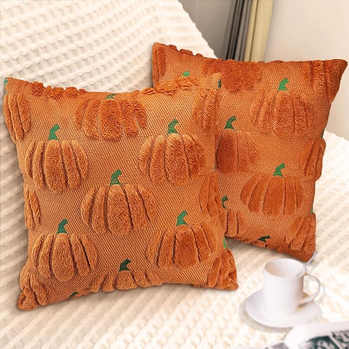 Fall Pumpkin Decorative Throw Pillow Covers 18x18 Set of 2 Pillow Covers, Faux Fur Square Pillow Cover Fluffy Plush Accent Throw Pillow Case, Throw Pillow Cover Cushion Cover for Autumn