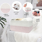 COMFY-HOMI Cotton Rope Woven Basket with Handles for Shelves,Toys,Book, Cloth Storage Baskets for Organizing-17" x 13" x 7.5" Toy Decorative Organizer for Living Room, Bathroom （white/pink）